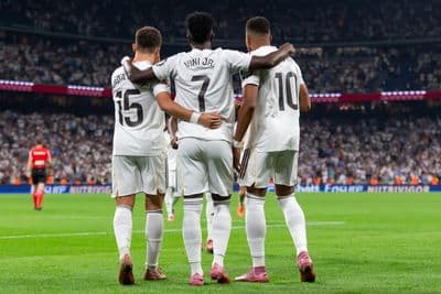 Arda Guler, Vinicius and Mbappe celebrate for Real Madrid
