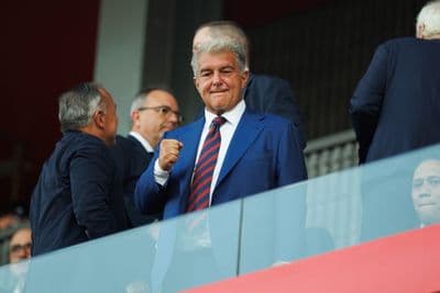 Joan Laporta celebrates from the Barcelona presidential box