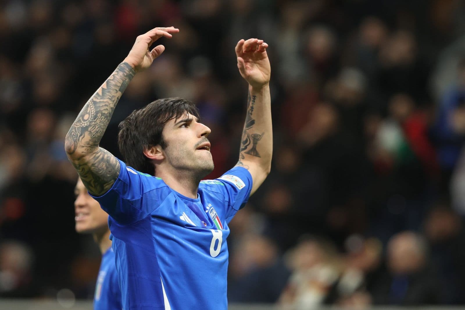 Newcastle midfielder Sandro Tonali playing for Italy