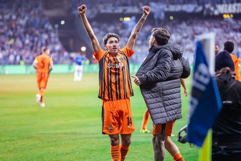Isaque Silva of Shakhtar celebrates a goal during the UEFA Conference League round of 16 match between Lech Poznan and FC Shakhtar Donetsk